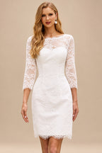 Rutipo Ivory Exquisite Bateau Lace 3/4 Sleeves Sheath Short Reception Wedding Dress