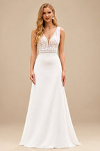 Rutipo Ivory Chic Sheath V-Neck Bodice Wedding Dress with Lace Keyhole Back