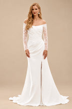 Rutipo Ivory Elegant Off-the-Shoulder Stretch Crepe Long Sleeve Wedding Dress with Slit