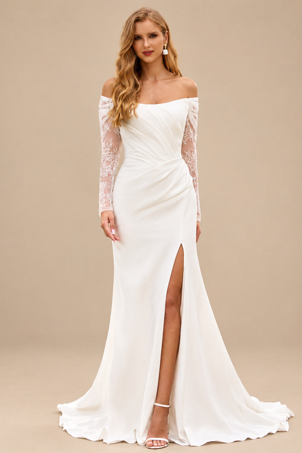 Rutipo Ivory Elegant Off-the-Shoulder Stretch Crepe Long Sleeve Wedding Dress with Slit