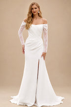 Rutipo Ivory Elegant Off-the-Shoulder Stretch Crepe Long Sleeve Wedding Dress with Slit