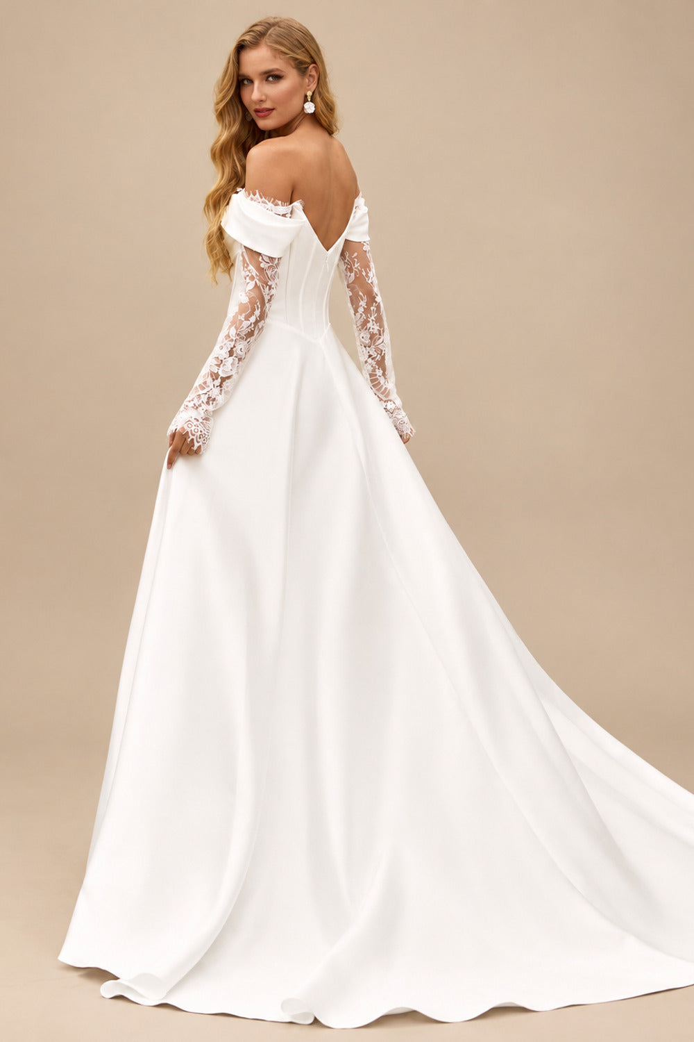 Rutipo Ivory A-line Off-the-Shoulder Wedding Dress with Sheer Lace Sleeves Slit
