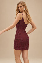 Rutipo Cabernet Sparkly Corset Sheath Short Tulle Homecoming Dress with Sequins Glitter