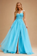 Rutipo Blue A-line V Neck Sweep Train Tulle Prom Dress with Appliqued Beading