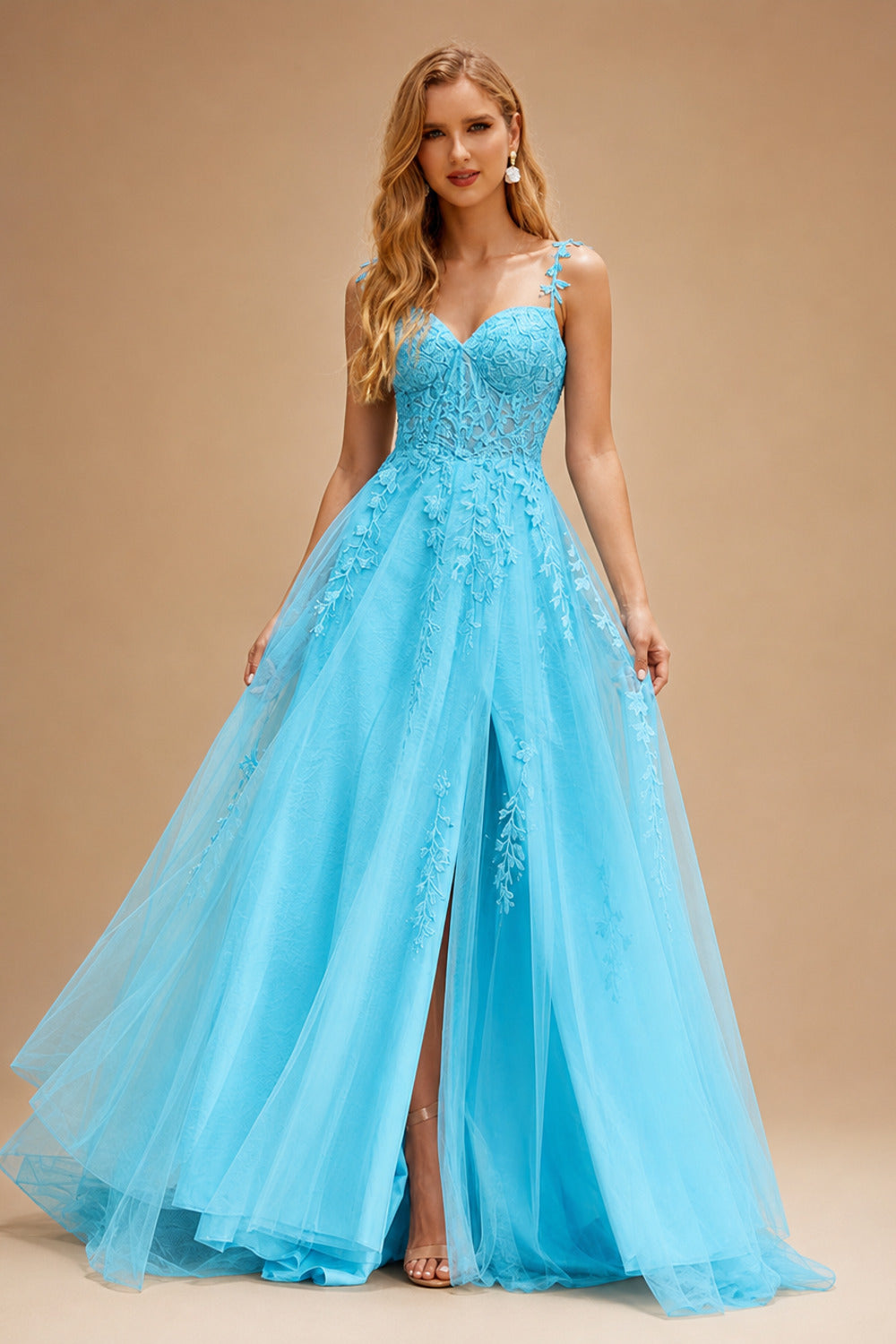 Rutipo Blue A-line V Neck Sweep Train Tulle Prom Dress with Appliqued Beading