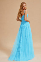 Rutipo Blue A-line V Neck Sweep Train Tulle Prom Dress with Appliqued Beading