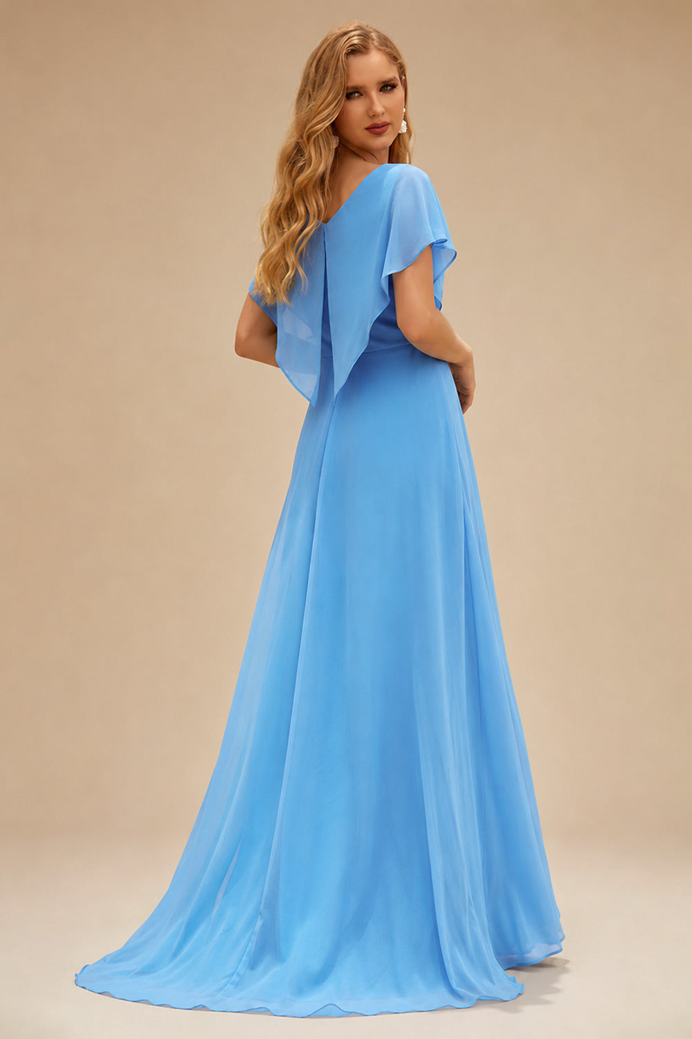 Rutipo Blue A-line V Neck Sweep Train Tulle Prom Dress with Appliqued Beading