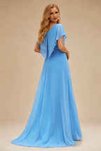 Rutipo Blue A-line V Neck Sweep Train Tulle Prom Dress with Appliqued Beading