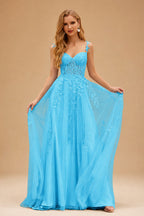 Rutipo Blue A-line V Neck Sweep Train Tulle Prom Dress with Appliqued Beading