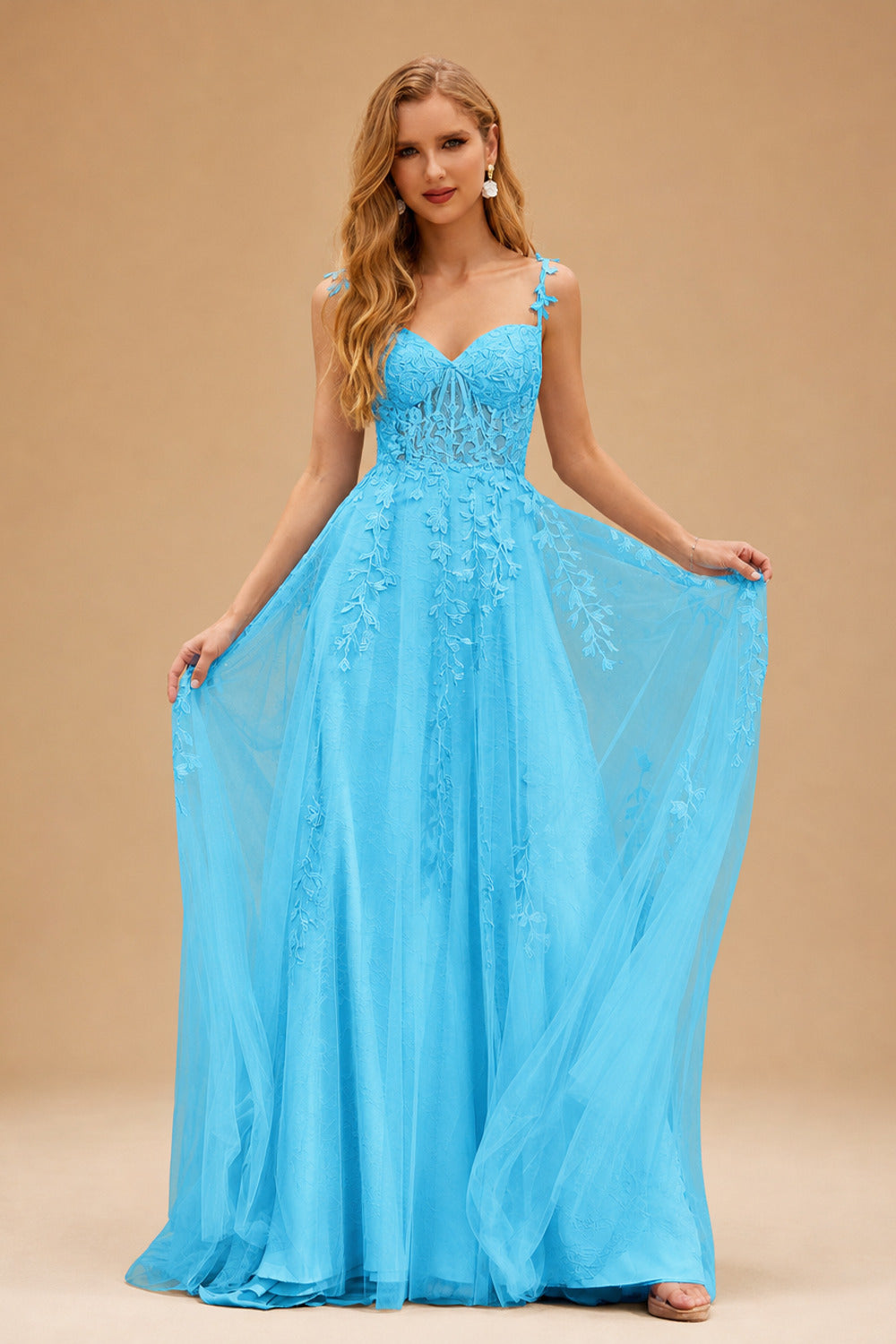 Rutipo Blue A-line V Neck Sweep Train Tulle Prom Dress with Appliqued Beading