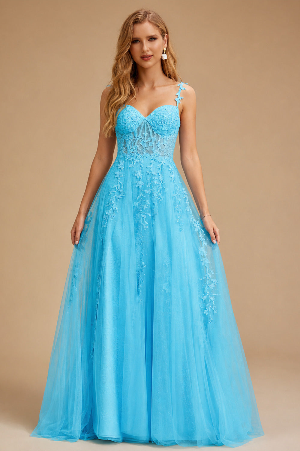 Rutipo Blue A-line V Neck Sweep Train Tulle Prom Dress with Appliqued Beading