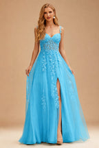 Rutipo Blue A-line V Neck Sweep Train Tulle Prom Dress with Appliqued Beading