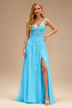 Rutipo Blue A-line V Neck Sweep Train Tulle Prom Dress with Appliqued Beading