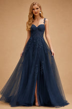 Rutipo Dark Navy A-line V Neck Sweep Train Tulle Prom Dress with Appliqued Beading