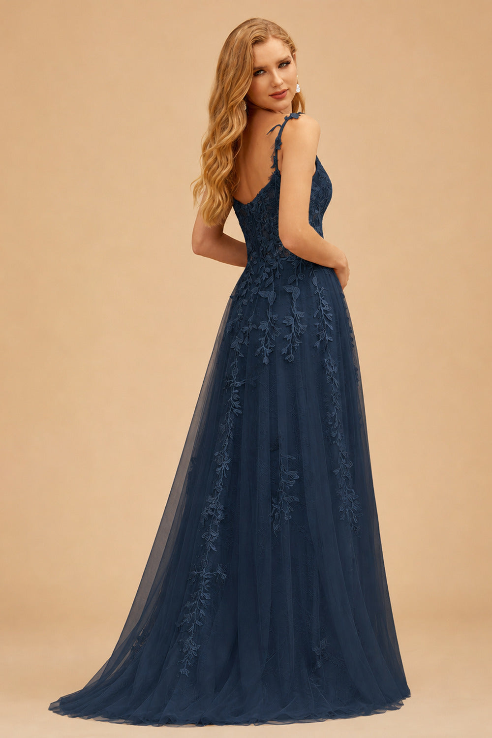 Rutipo Dark Navy A-line V Neck Sweep Train Tulle Prom Dress with Appliqued Beading