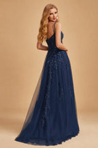Rutipo Dark Navy A-line V Neck Sweep Train Tulle Prom Dress with Appliqued Beading