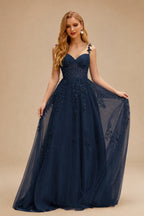 Rutipo Dark Navy A-line V Neck Sweep Train Tulle Prom Dress with Appliqued Beading