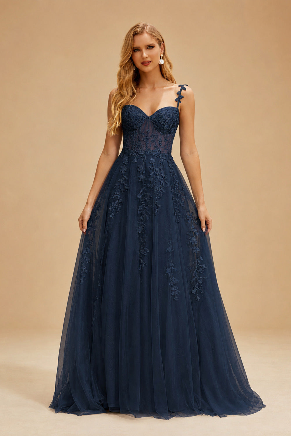 Rutipo Dark Navy A-line V Neck Sweep Train Tulle Prom Dress with Appliqued Beading