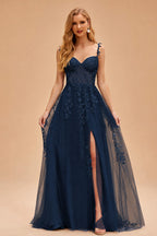 Rutipo Dark Navy A-line V Neck Sweep Train Tulle Prom Dress with Appliqued Beading