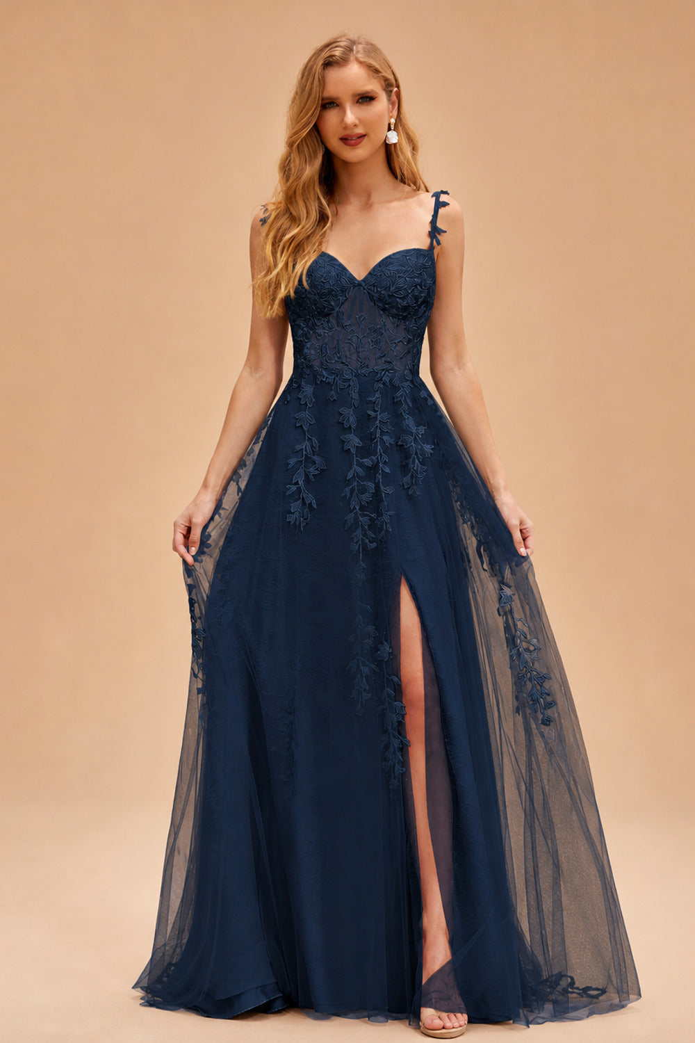 Rutipo Dark Navy A-line V Neck Sweep Train Tulle Prom Dress with Appliqued Beading