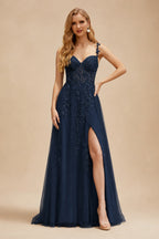 Rutipo Dark Navy A-line V Neck Sweep Train Tulle Prom Dress with Appliqued Beading