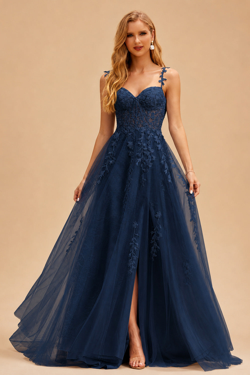 Rutipo Dark Navy A-line V Neck Sweep Train Tulle Prom Dress with Appliqued Beading