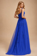 Rutipo Royal Blue A-line V Neck Sweep Train Tulle Prom Dress with Appliqued Beading