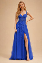 Rutipo Royal Blue A-line V Neck Sweep Train Tulle Prom Dress with Appliqued Beading