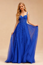Rutipo Royal Blue A-line V Neck Sweep Train Tulle Prom Dress with Appliqued Beading