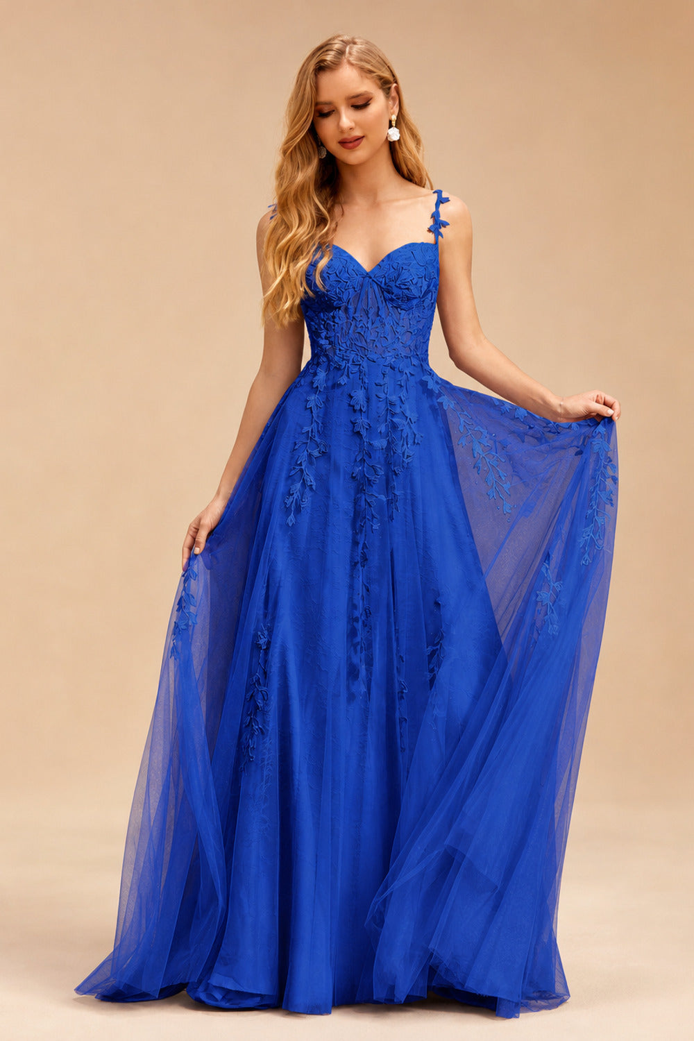 Rutipo Royal Blue A-line V Neck Sweep Train Tulle Prom Dress with Appliqued Beading