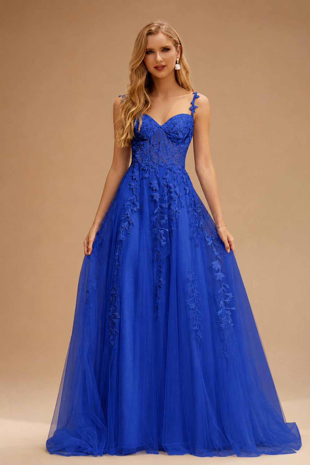 Rutipo Royal Blue A-line V Neck Sweep Train Tulle Prom Dress with Appliqued Beading