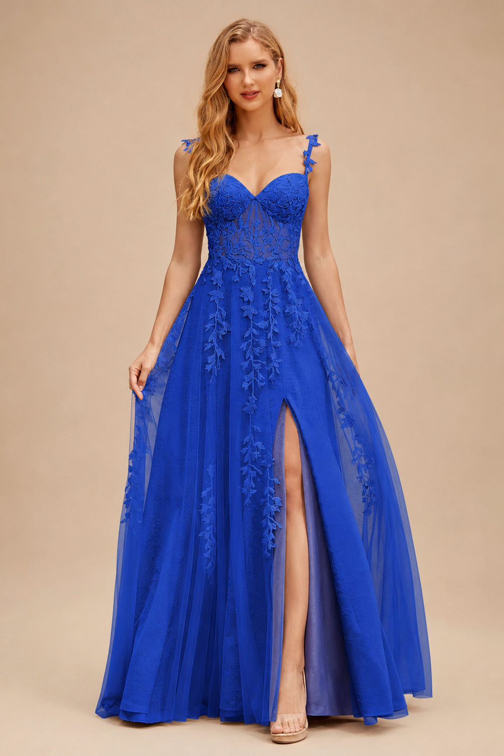 Rutipo Royal Blue A-line V Neck Sweep Train Tulle Prom Dress with Appliqued Beading