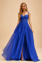 Rutipo Royal Blue A-line V Neck Sweep Train Tulle Prom Dress with Appliqued Beading