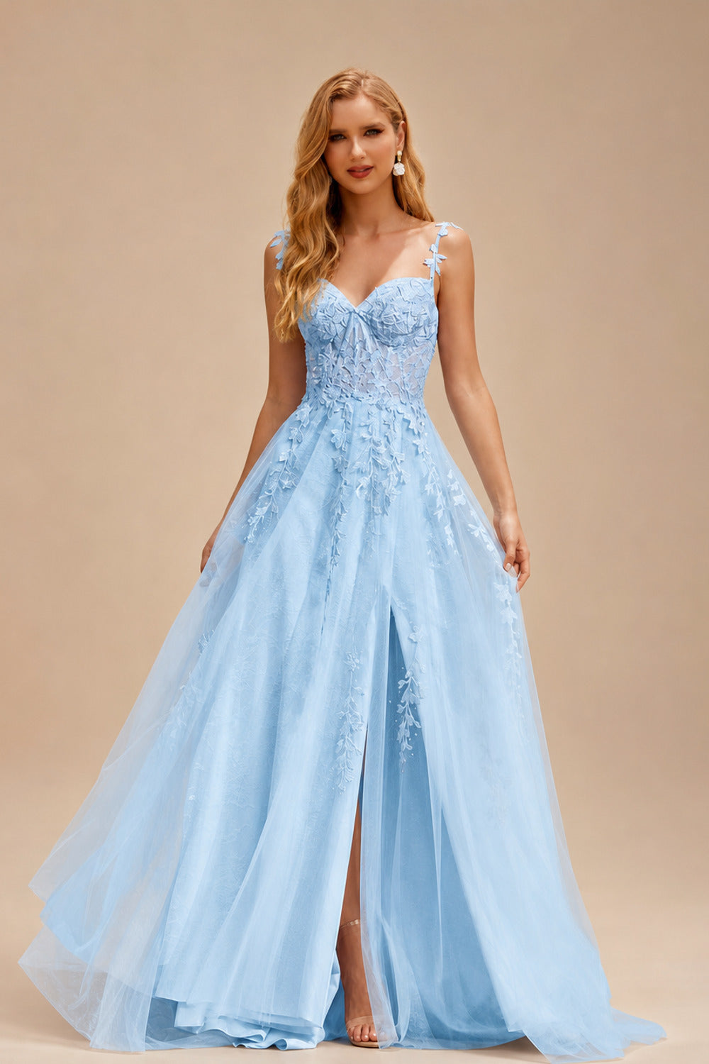 Rutipo Sky Blue A-line V Neck Sweep Train Tulle Prom Dress with Appliqued Beading