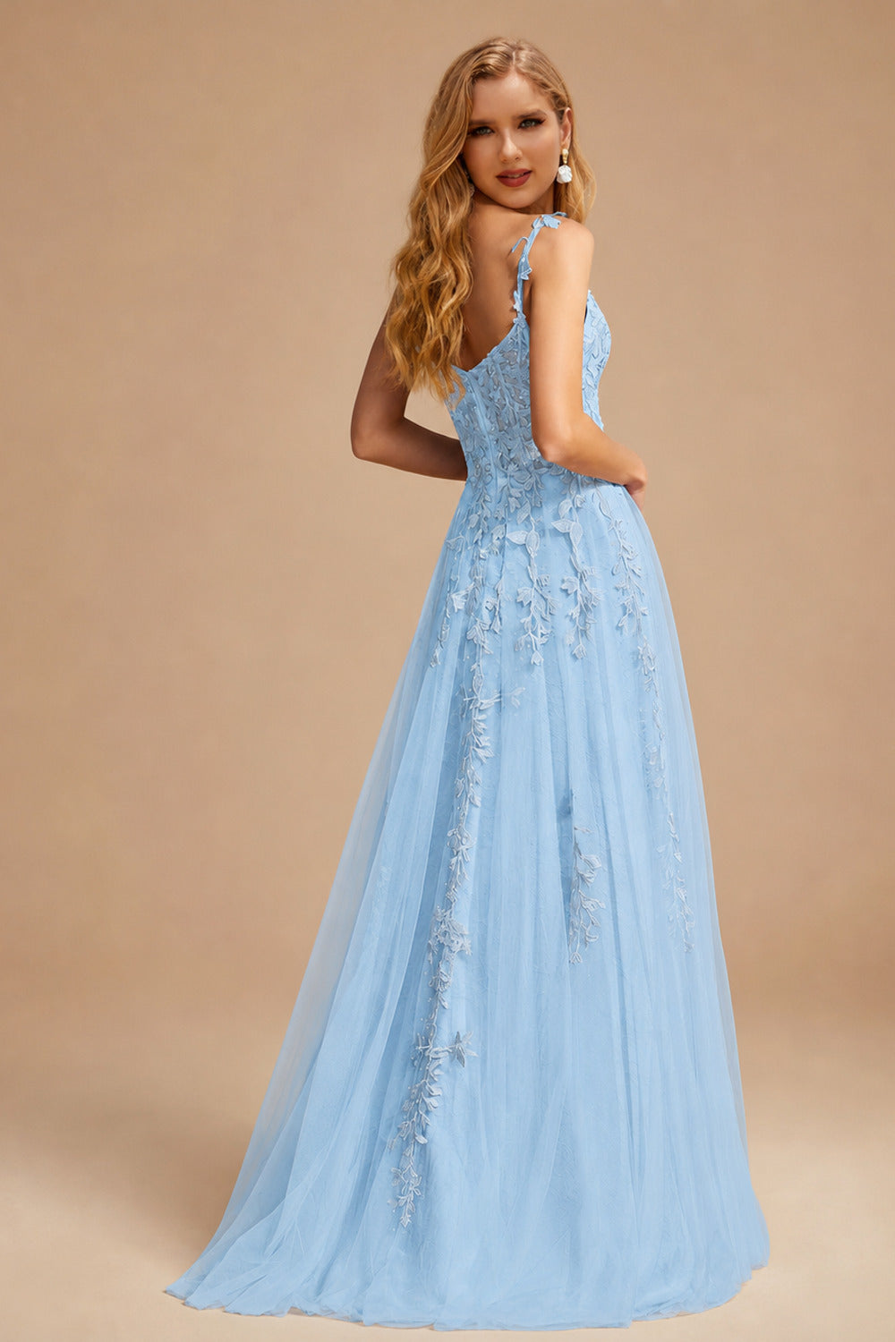 Rutipo Sky Blue A-line V Neck Sweep Train Tulle Prom Dress with Appliqued Beading