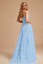 Rutipo Sky Blue A-line V Neck Sweep Train Tulle Prom Dress with Appliqued Beading