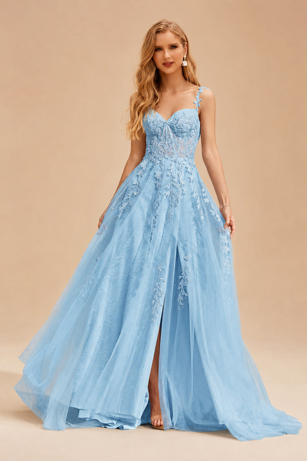Rutipo Sky Blue A-line V Neck Sweep Train Tulle Prom Dress with Appliqued Beading