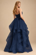 Rutipo Dark Navy Ball Gown V Neck Sweep Train Tulle Prom Dress with Appliqued Beading Ruffles
