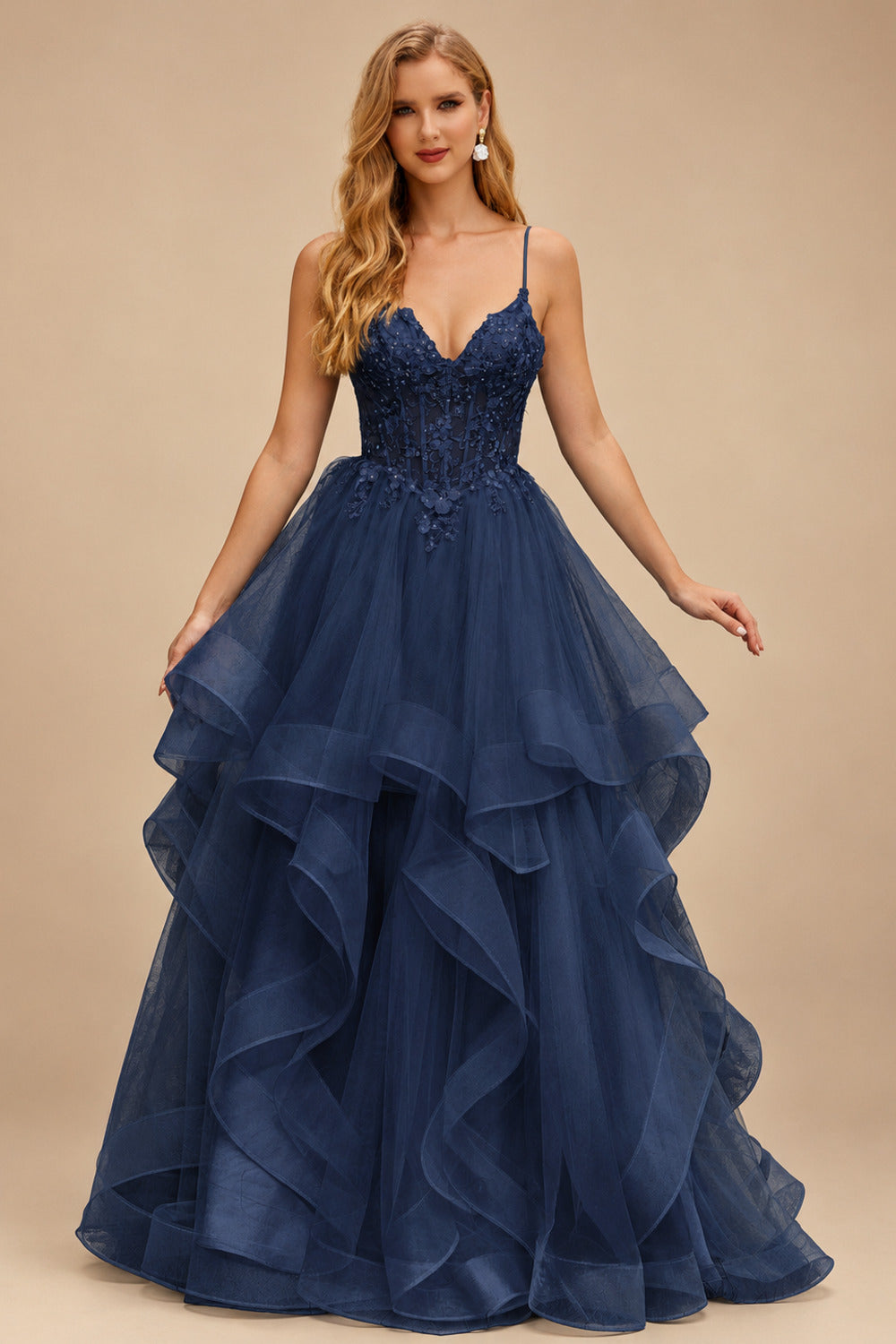 Rutipo Dark Navy Ball Gown V Neck Sweep Train Tulle Prom Dress with Appliqued Beading Ruffles