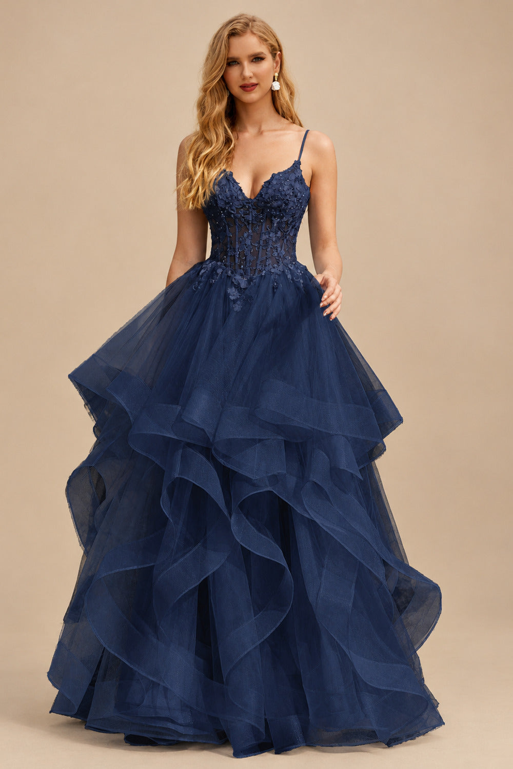 Rutipo Dark Navy Ball Gown V Neck Sweep Train Tulle Prom Dress with Appliqued Beading Ruffles