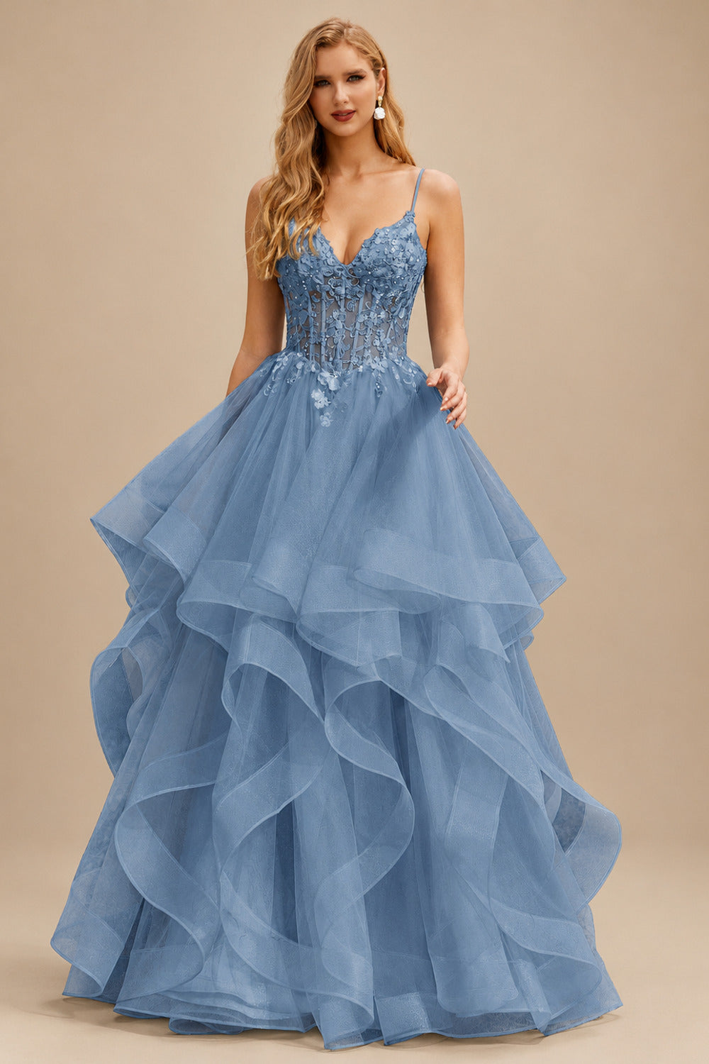 Rutipo Dusty Blue Ball Gown V Neck Sweep Train Tulle Prom Dress with Appliqued Beading Ruffles