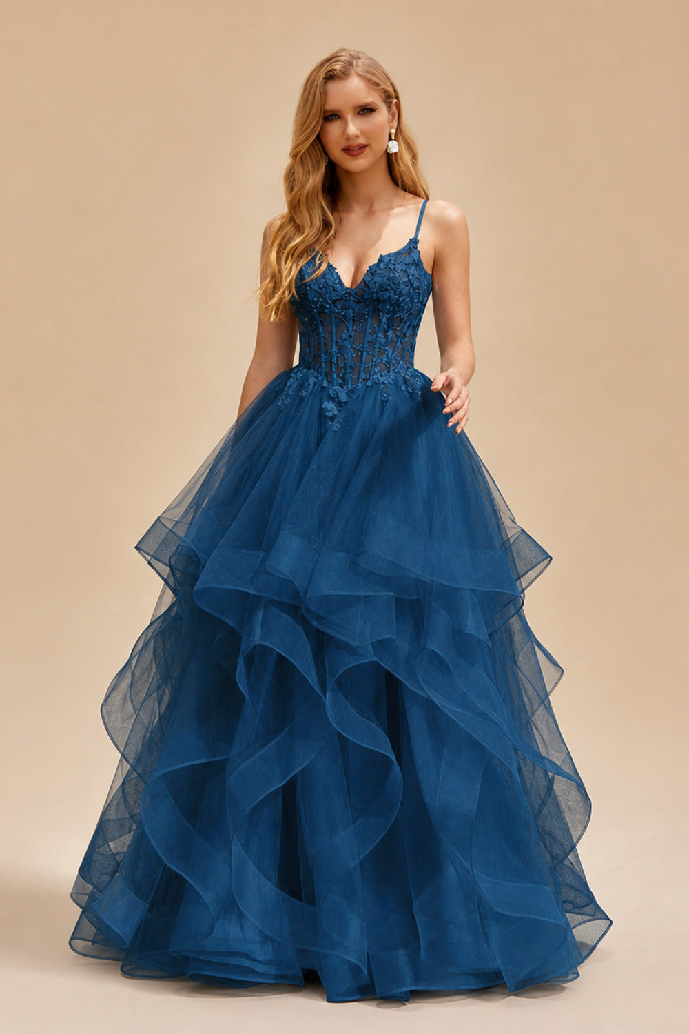 Rutipo Ink Blue Ball Gown V Neck Sweep Train Tulle Prom Dress with Appliqued Beading Ruffles