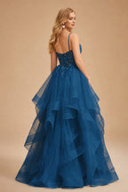 Rutipo Ink Blue Ball Gown V Neck Sweep Train Tulle Prom Dress with Appliqued Beading Ruffles