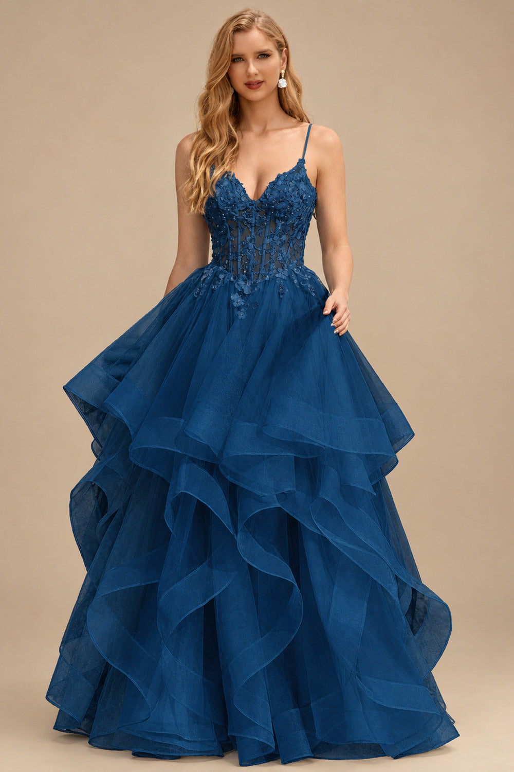 Rutipo Ink Blue Ball Gown V Neck Sweep Train Tulle Prom Dress with Appliqued Beading Ruffles