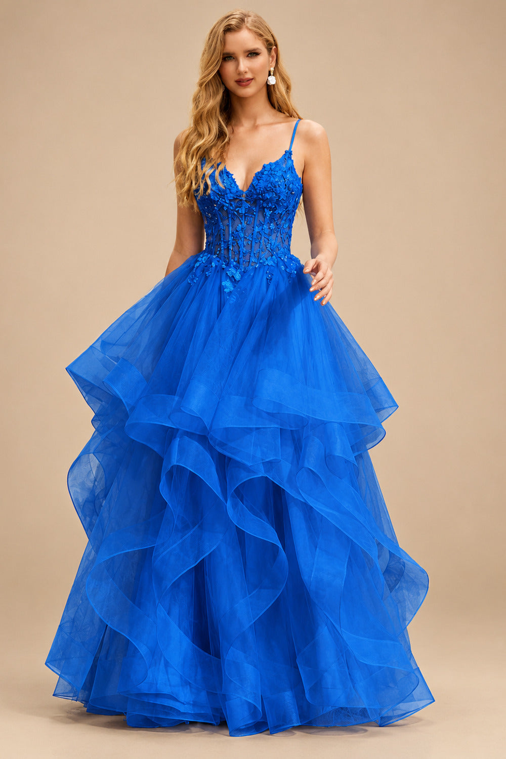 Rutipo Ocean Blue Ball Gown V Neck Sweep Train Tulle Prom Dress with Appliqued Beading Ruffles