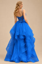 Rutipo Ocean Blue Ball Gown V Neck Sweep Train Tulle Prom Dress with Appliqued Beading Ruffles