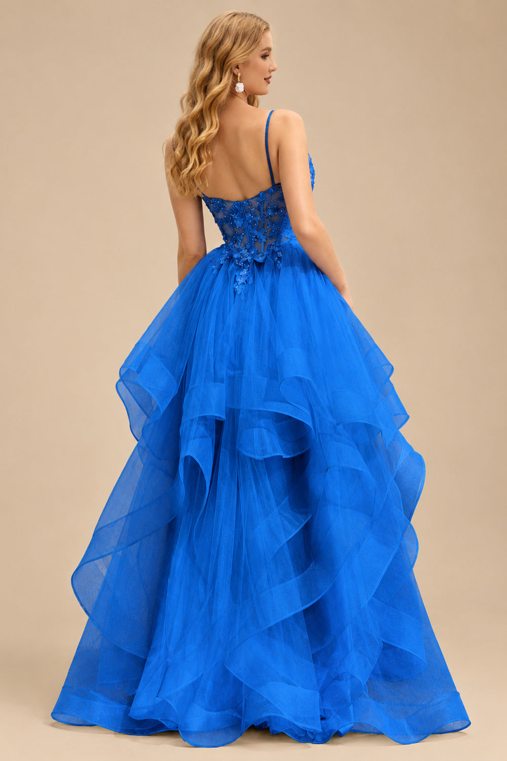 Rutipo Ocean Blue Ball Gown V Neck Sweep Train Tulle Prom Dress with Appliqued Beading Ruffles