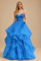 Rutipo Ocean Blue Ball Gown V Neck Sweep Train Tulle Prom Dress with Appliqued Beading Ruffles
