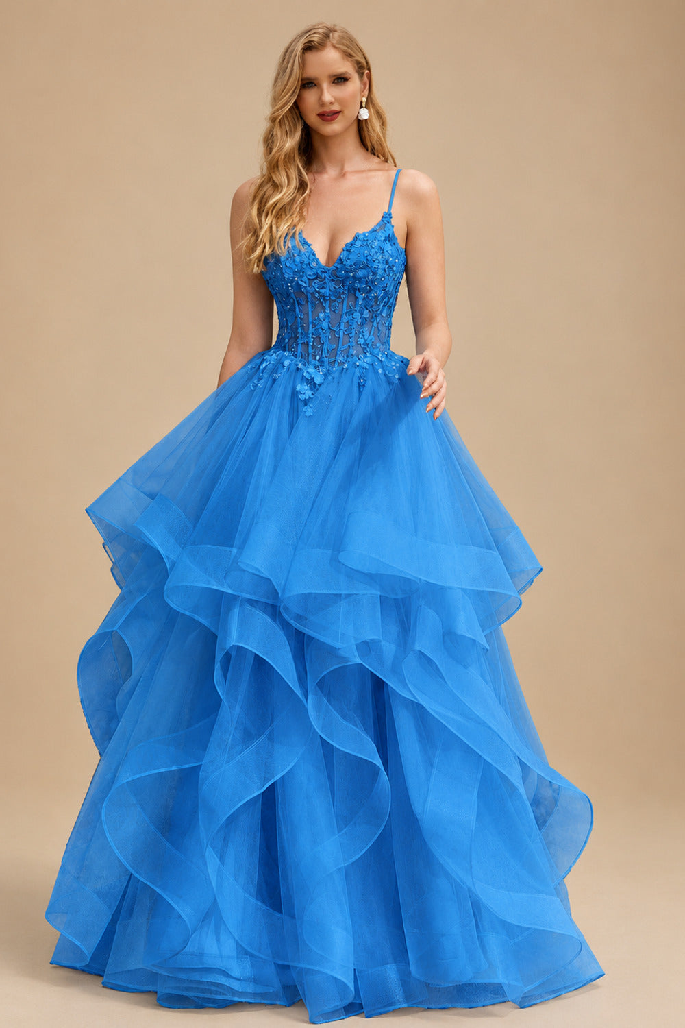 Rutipo Ocean Blue Ball Gown V Neck Sweep Train Tulle Prom Dress with Appliqued Beading Ruffles