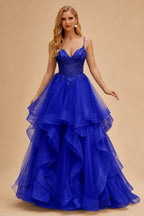 Rutipo Royal Blue Ball Gown V Neck Sweep Train Tulle Prom Dress with Appliqued Beading Ruffles